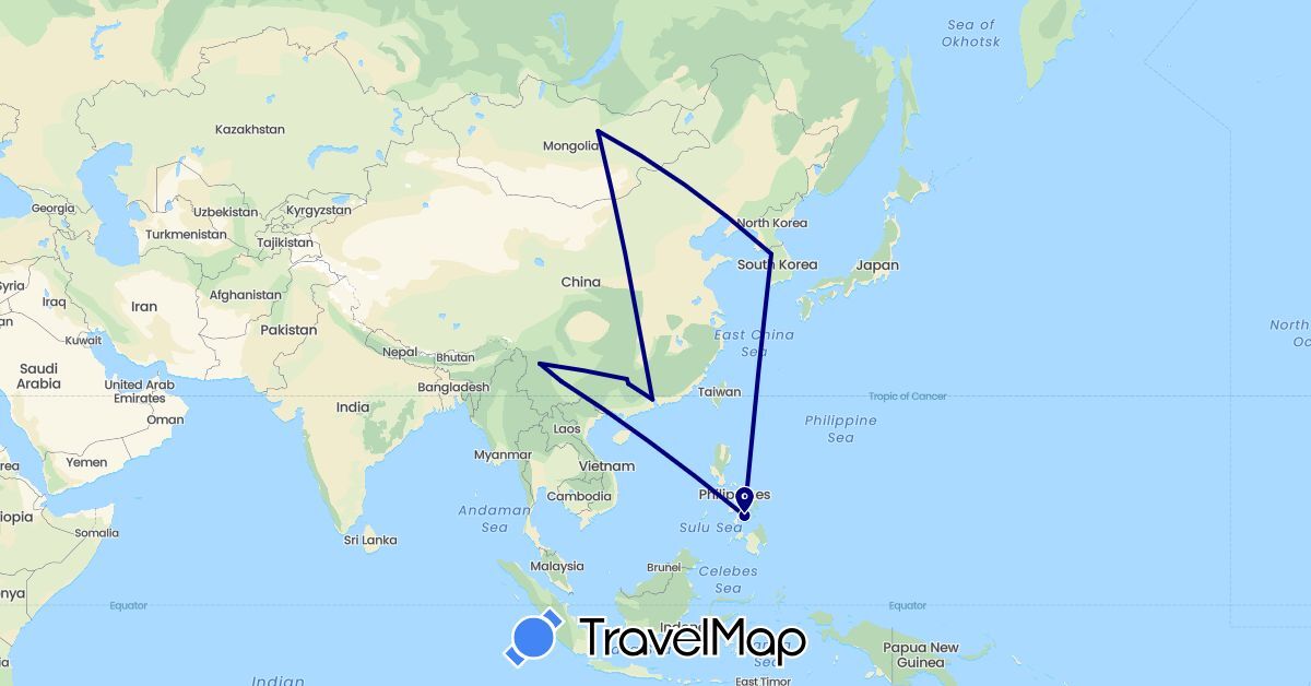 TravelMap itinerary: driving in China, South Korea, Mongolia, Philippines (Asia)